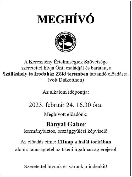 Meghívó - Előadás - Bányai Gábor - 111 nap a halál torkában 