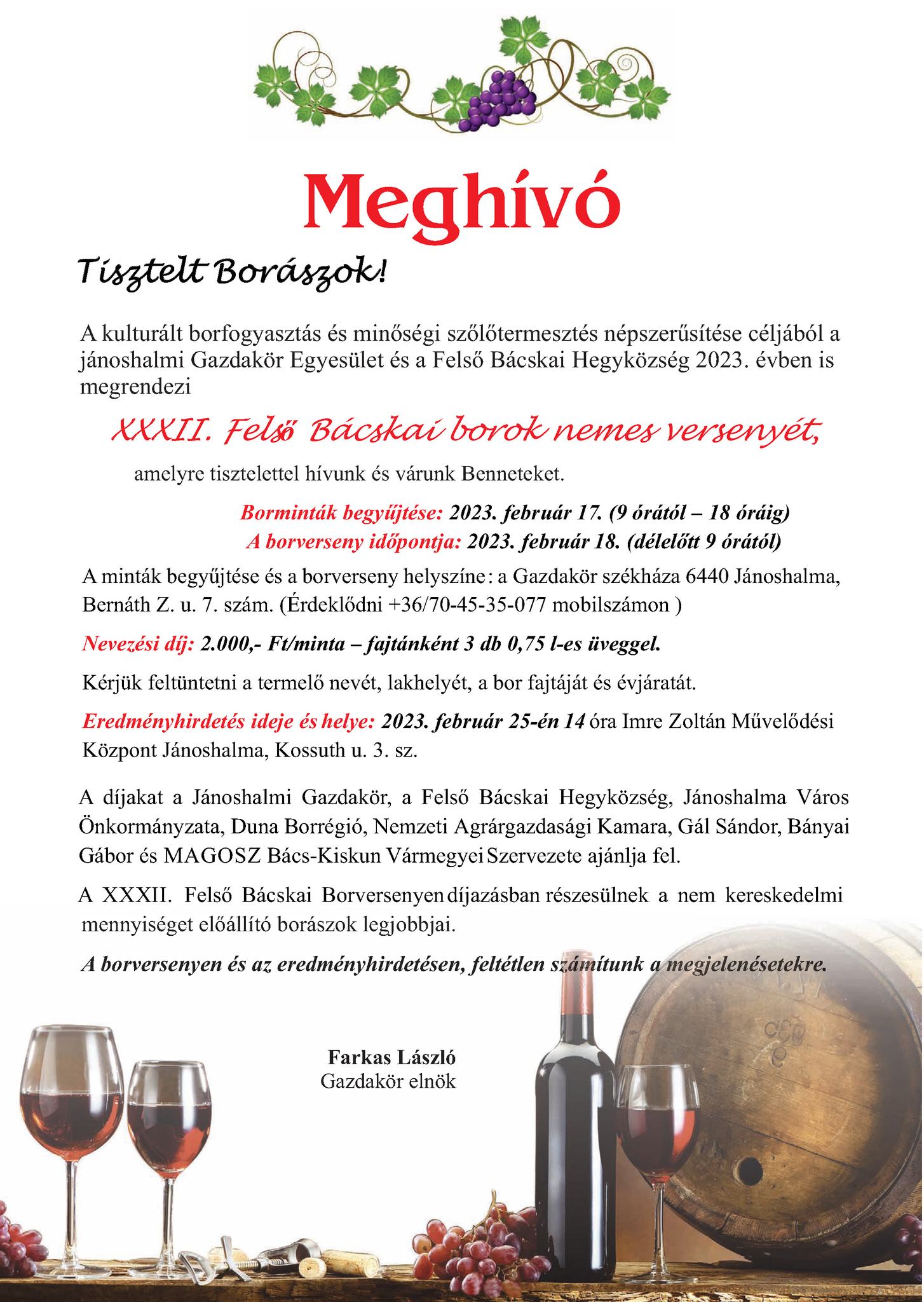 Meghívó - XXXII. Felső Bácskai borok nemes versenye