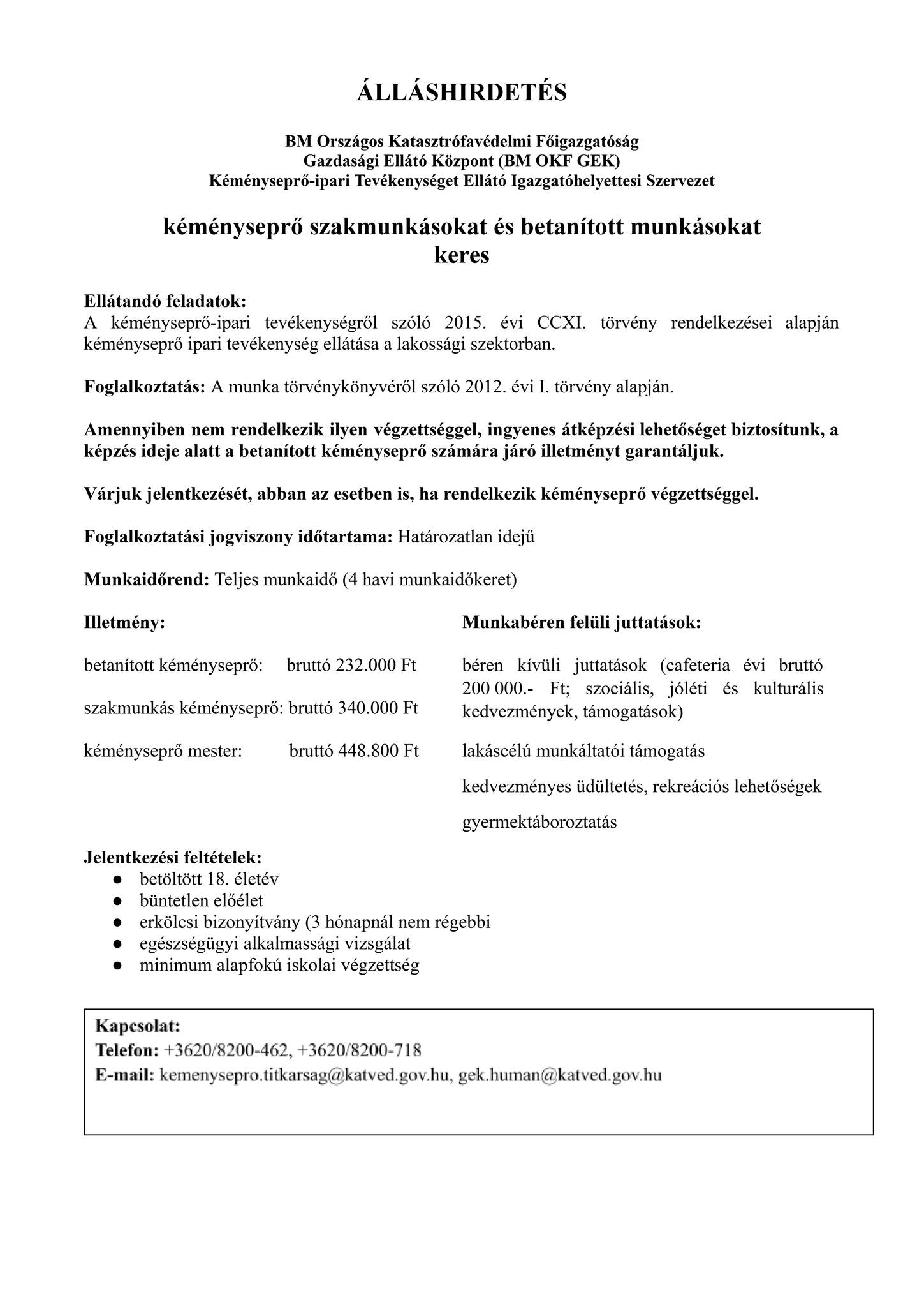 Álláshirdetés - betanított munkásokat és kéményseprő szakmunkásokat keresünk!