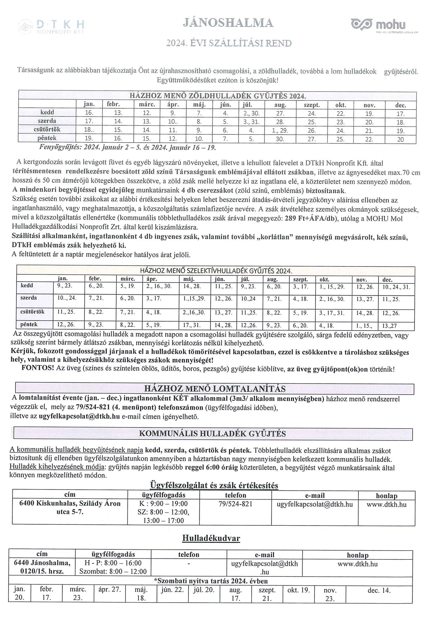 2024. évi szállítási rend - kommunális-, zöld-, és szelektívhulladék - JAVÍTOTT