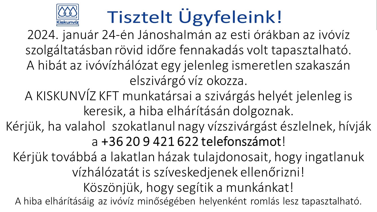 Az ivóvíz hálózat szolgáltatásban történő rövid fennakadásról