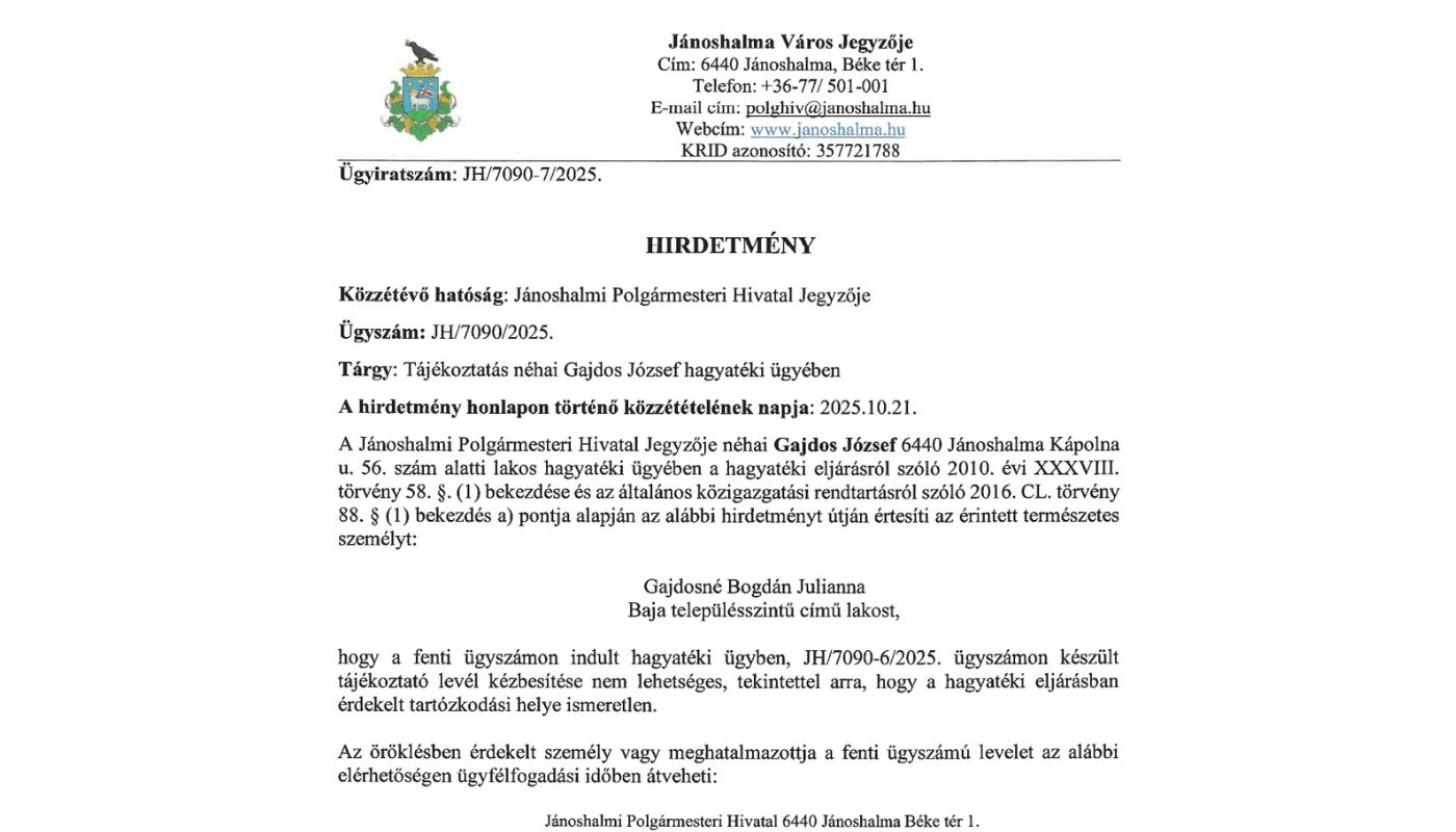Hirdetmény JH/7090/2025